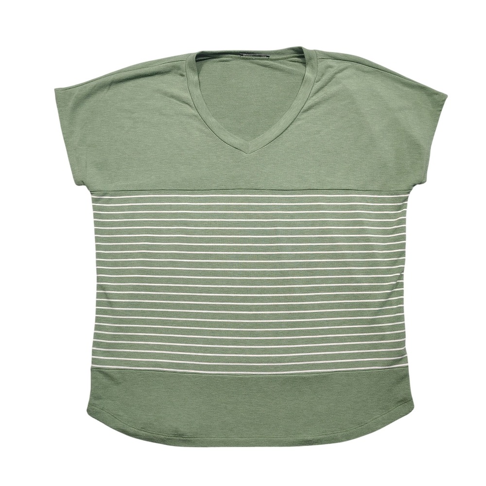 Pink Clover Top Womens XL V-Neck Short Sleeve Striped Green White Casual 0987